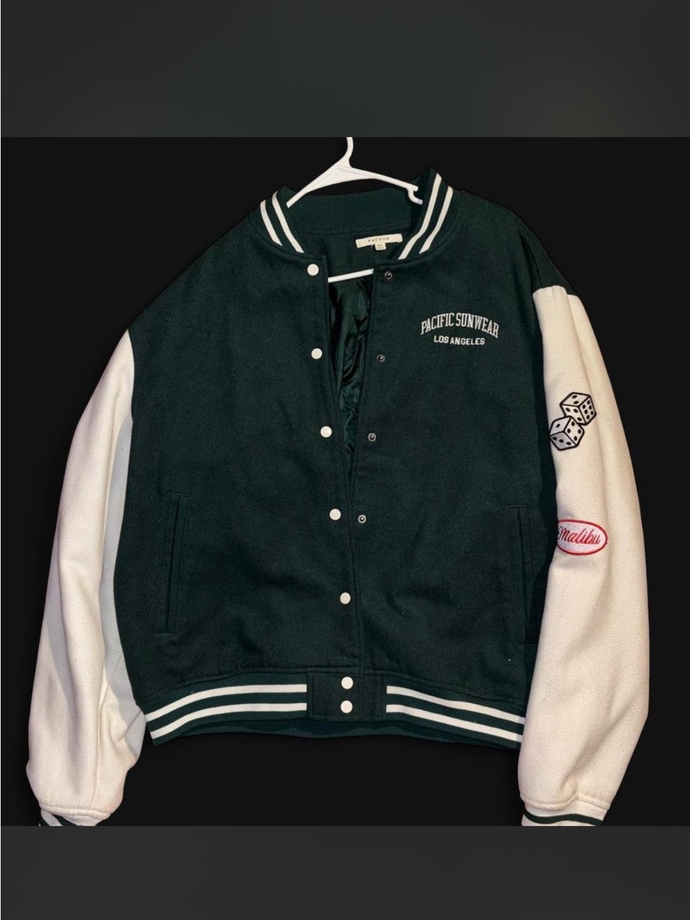 Pacific Sunwear Dark Green & White Varsity Bomber Jacket